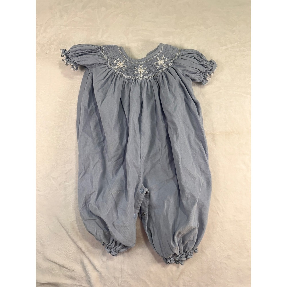 Shrimp & Grits Kids Smocked‎ Bubble Romper 24M Blue Snowflake Corduroy Baby Girl
